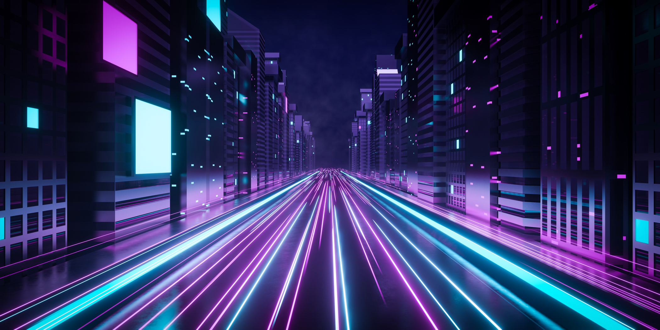 3d render futuristic city with neon light trail.